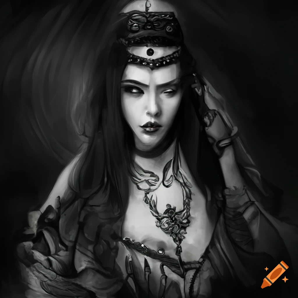Mysterious noble lady in black and white with black ink on Craiyon image.