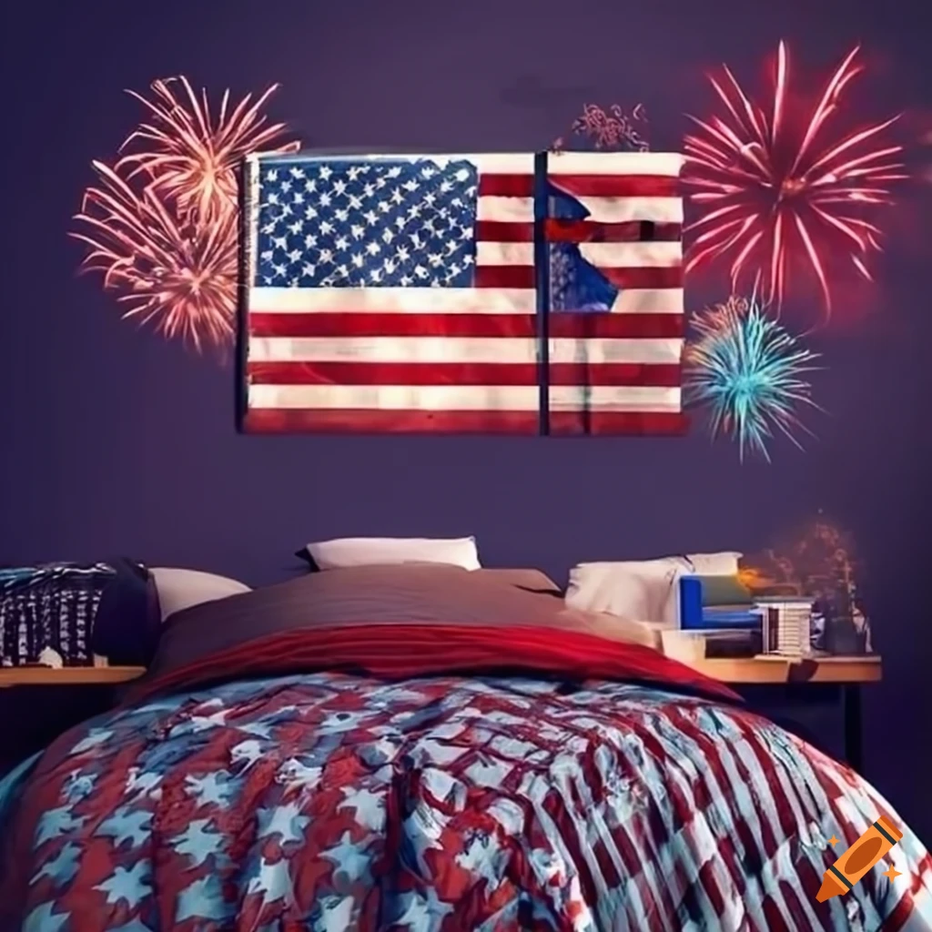 American themed bedroom with flag and fireworks posters on Craiyon