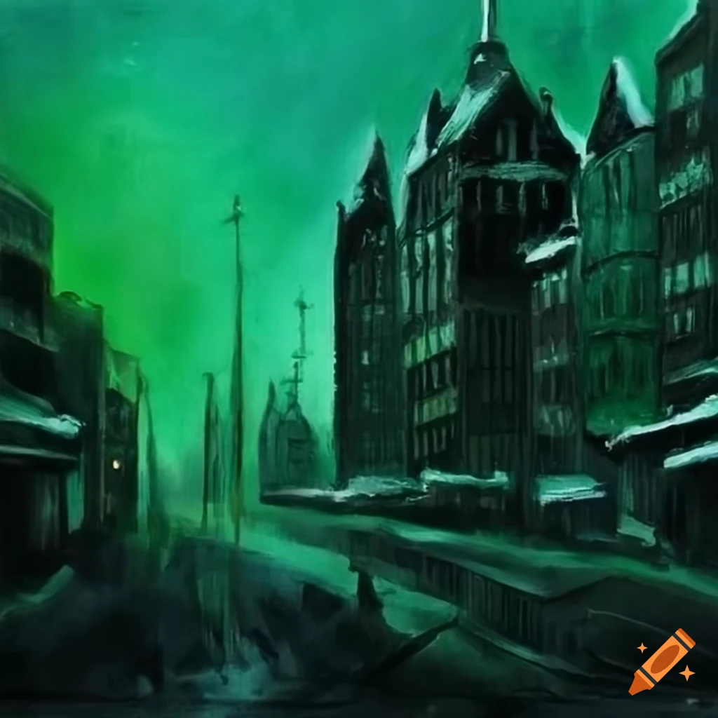 Creepy green and black city with icy vibes in German expressionist style