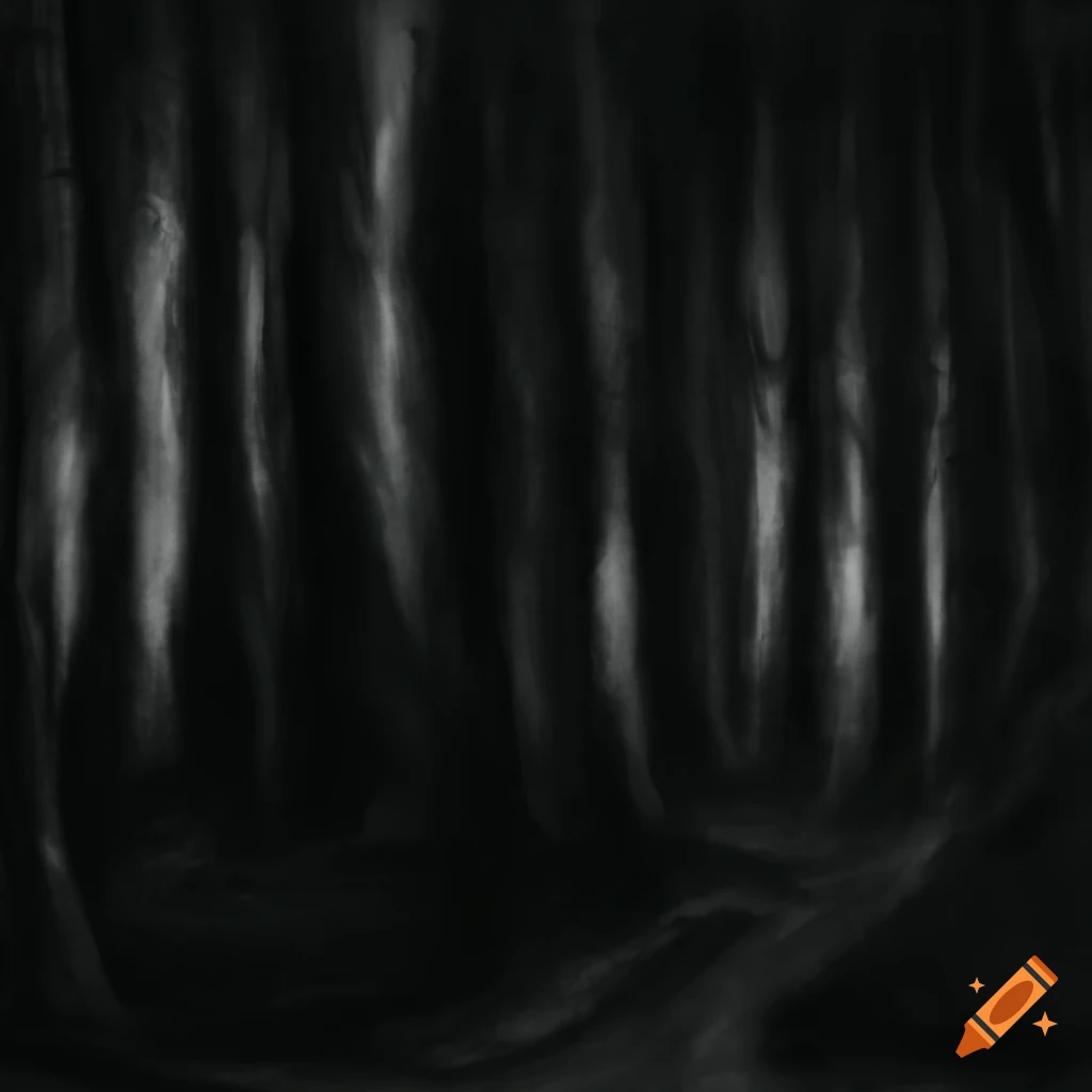 Luminous forest glow at night in charcoal black and white drawing