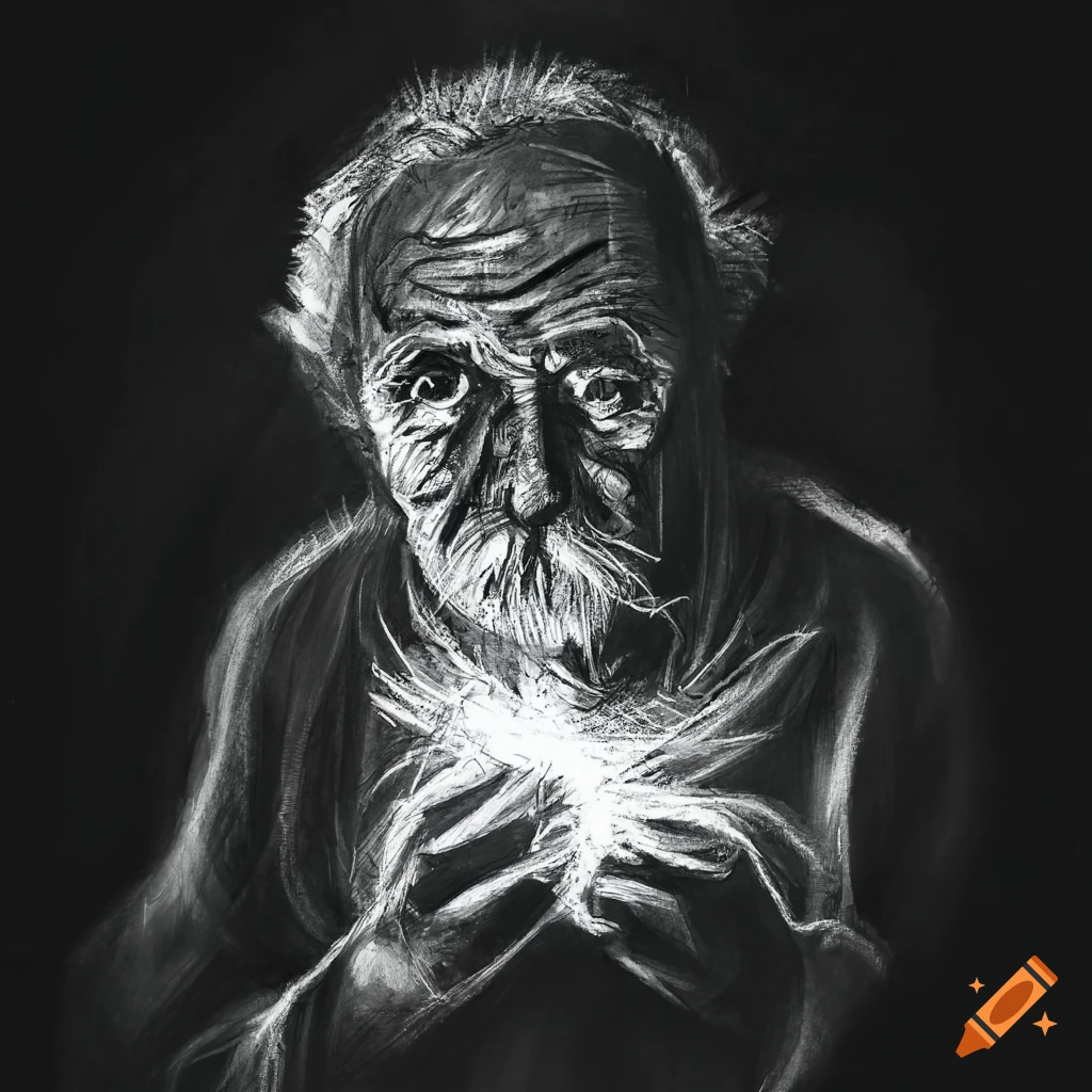 Old man holding glowing white feathers in a meadow at night, expressive charcoal drawing