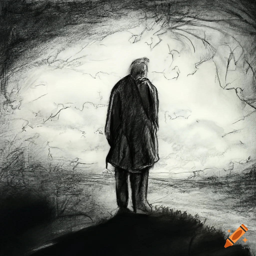 Old man performing a cloud ritual on a hill in a charcoal drawing