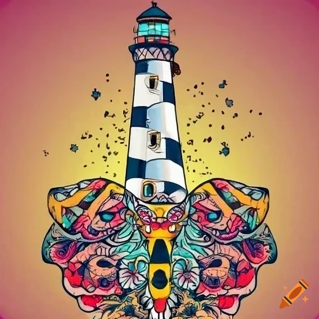 American traditional tattoo design of moth and lighthouse