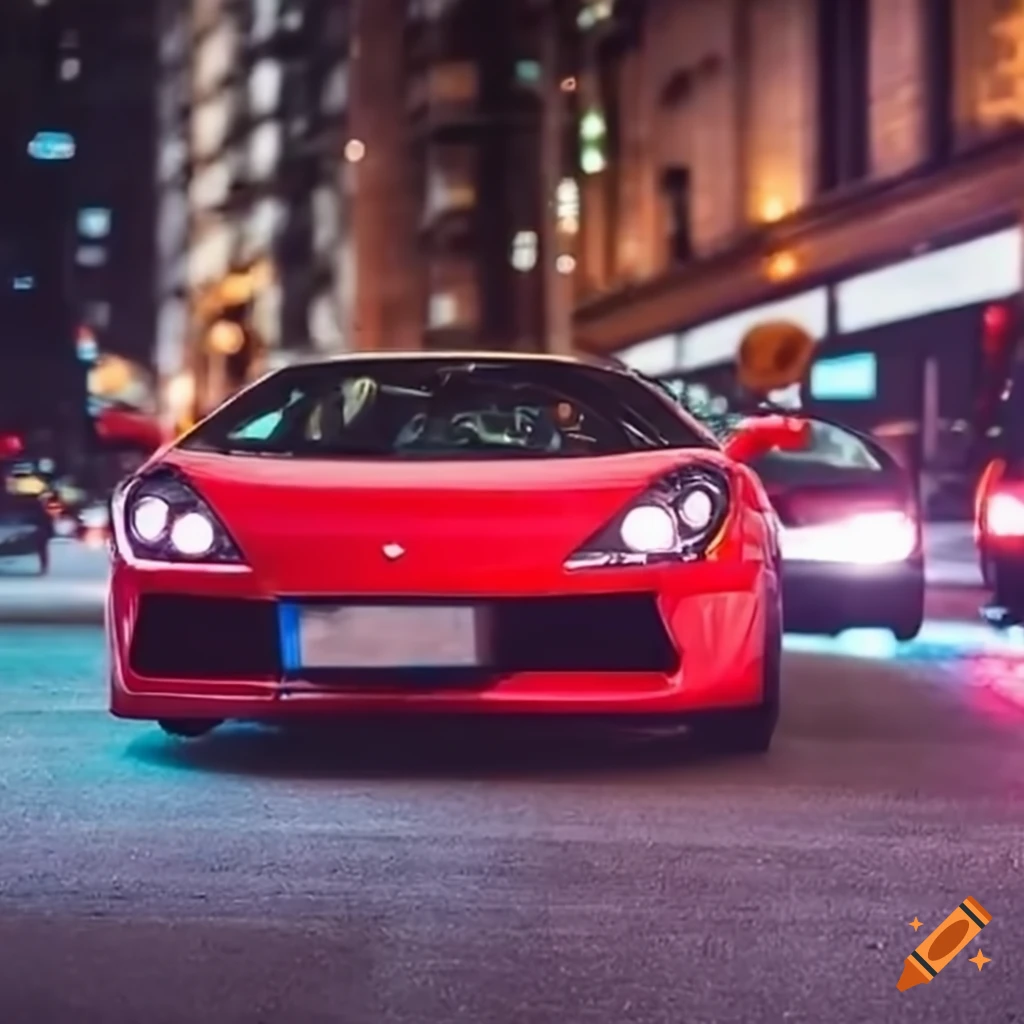 Red sports car speeding away from an accident at a city intersection