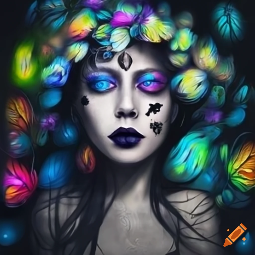 Vibrant and colorful surreal woman's face in a gothic forest setting