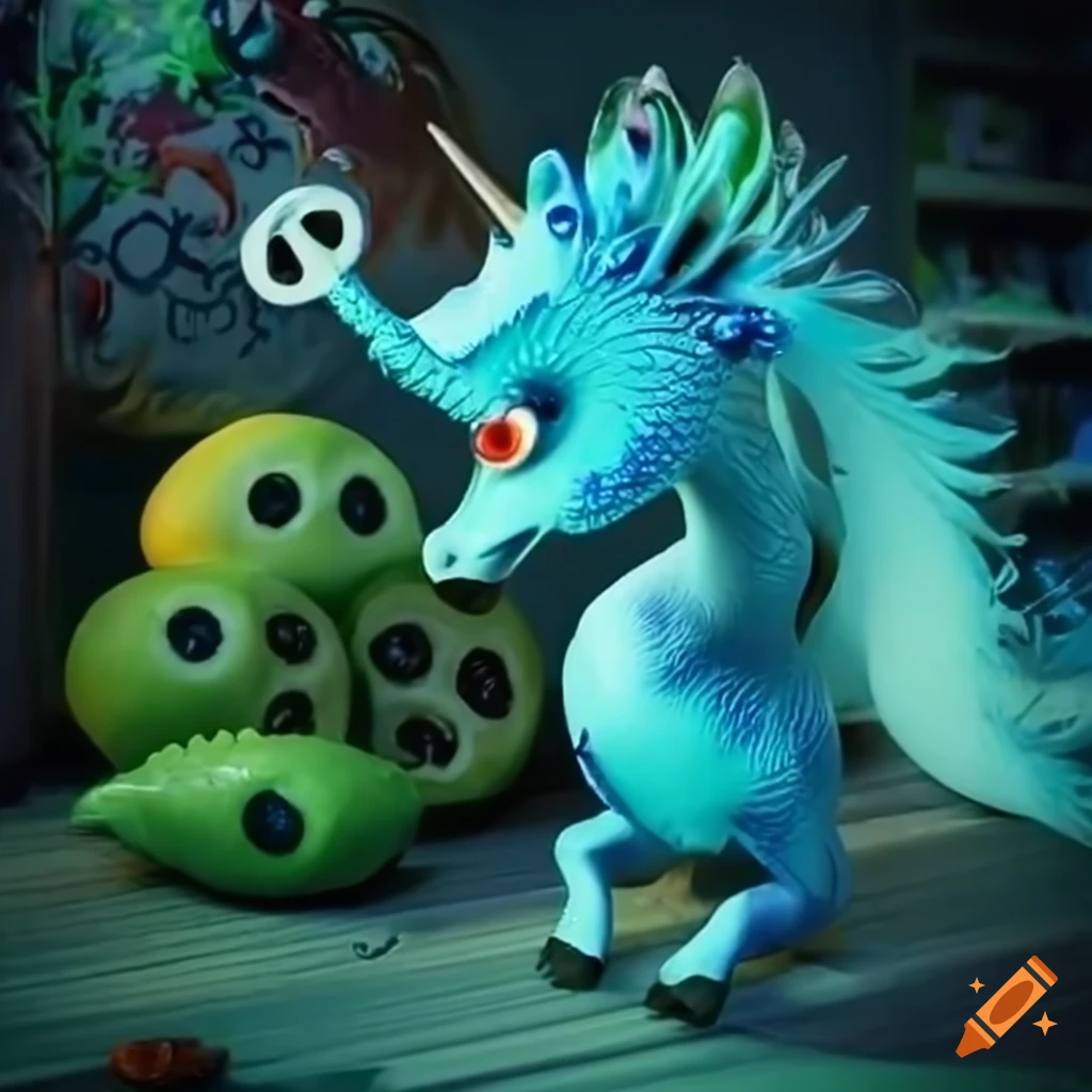 Mythical creatures and mutant omega mart lemon fruit monster in a magical forest ambiance