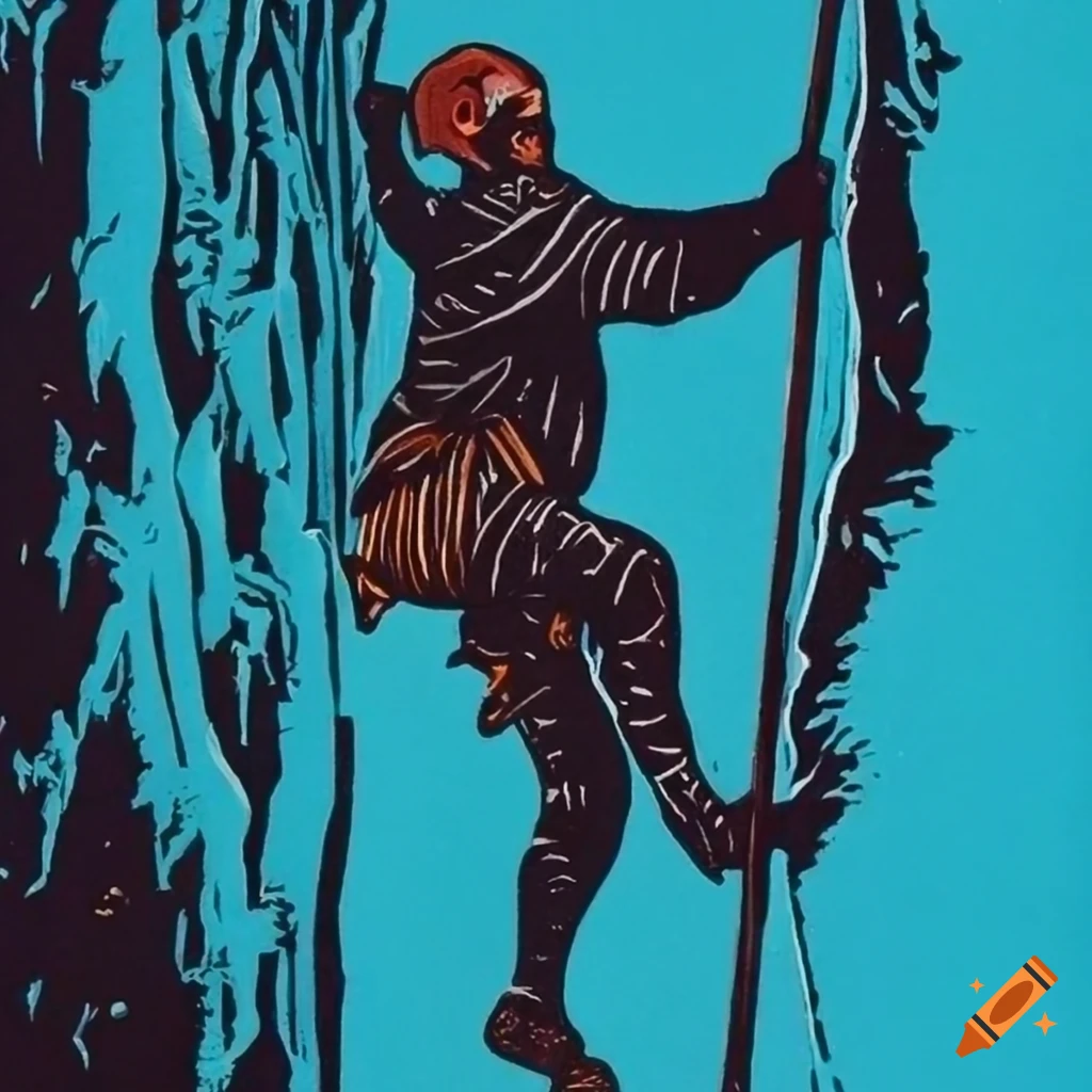 Climber with an ice axe in a linocut style