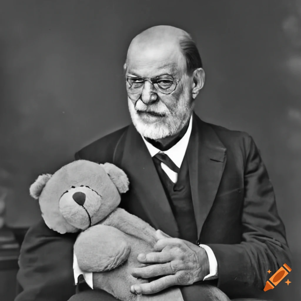 Sigmund Freud smiling with a teddy bear