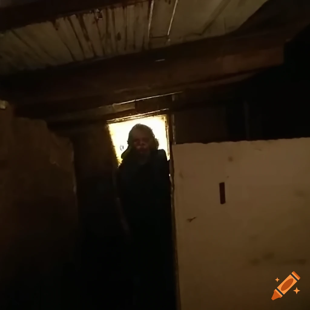 Creepy face in a dark attic surrounded by boxes and dust