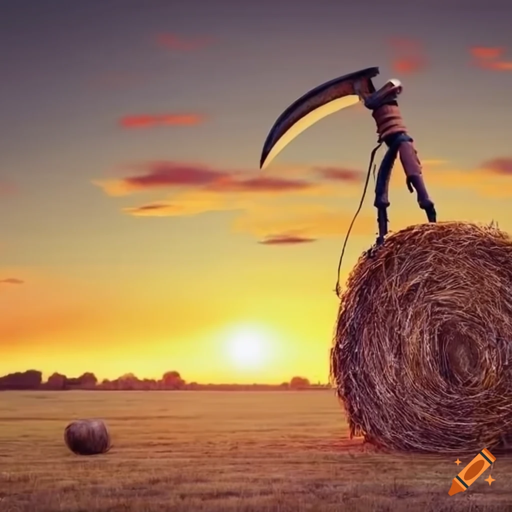Scythe in front of straw bale at sunset
