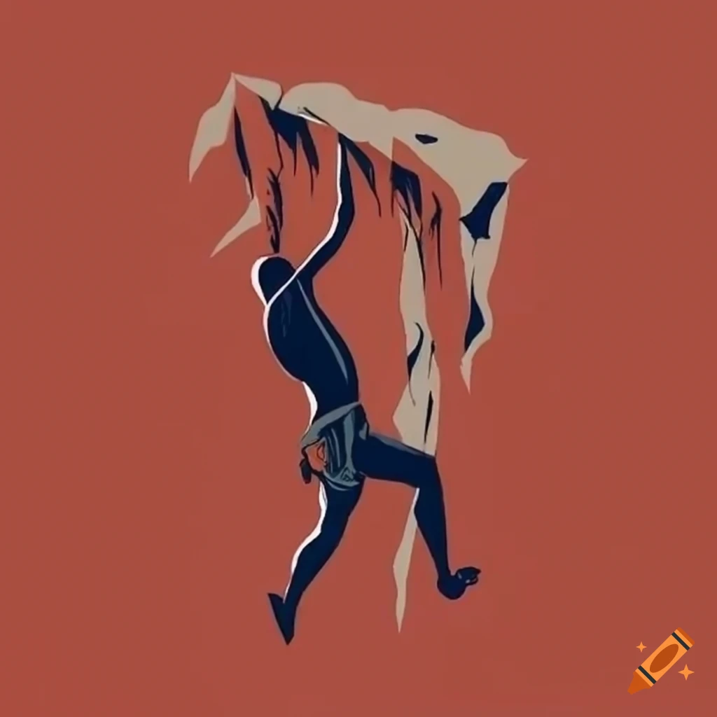 Rock climber hanging off cliff in woodcut style