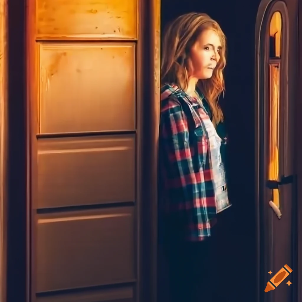 Irimia twins in country plaid shirts and black leather trousers standing in caravan doorway