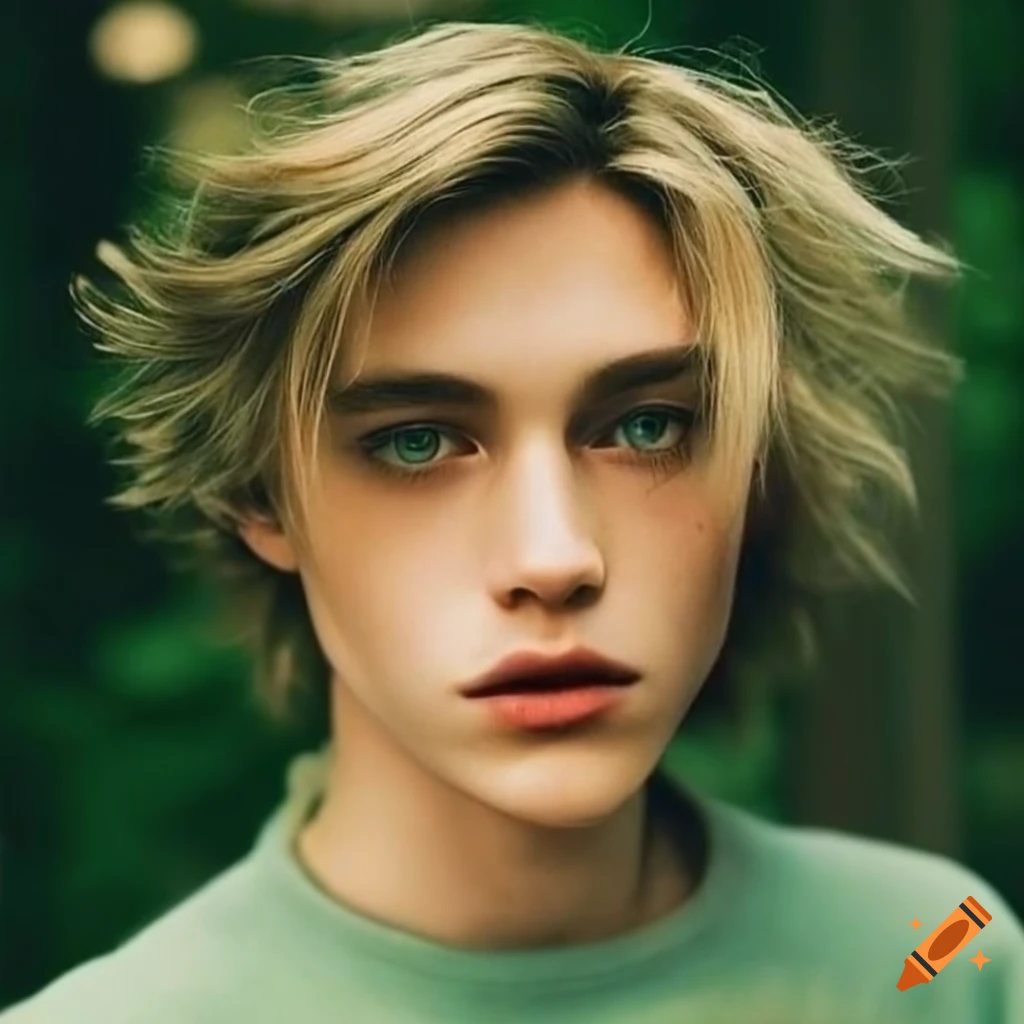 Male with messy blonde hair and green eyes in a 90s style aesthetic