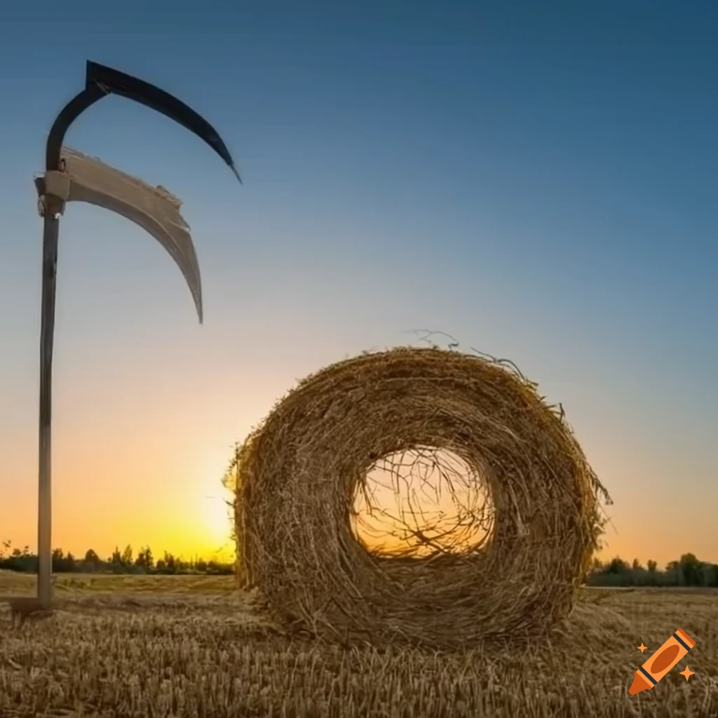 Scythe in front of a bale of straw during sunset