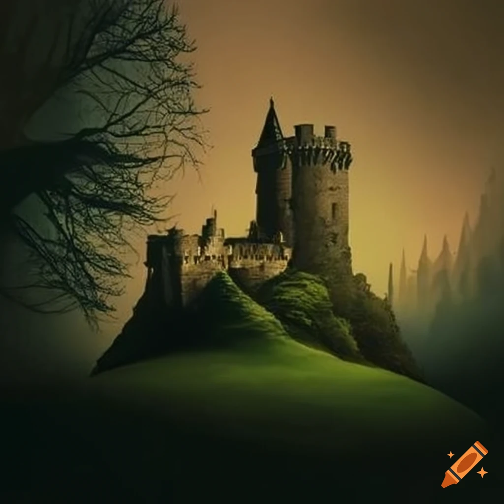 Castle keep on a hill surrounded by woodland on Craiyon