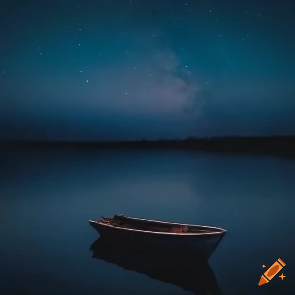Fishing boat on a lake under a starry night sky with a full moon ...