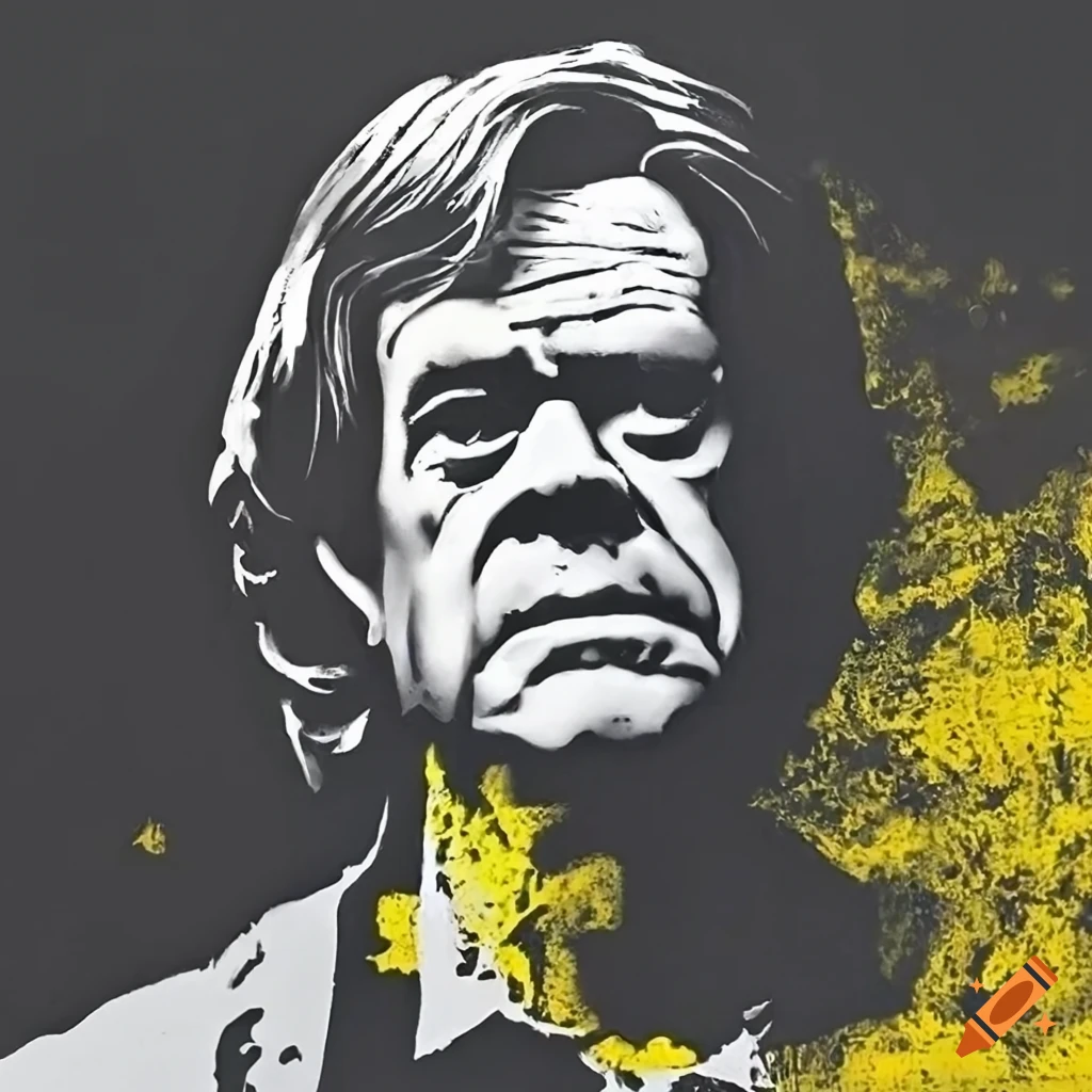 Stencil graffiti of William H. Macy by Banksy in yellow, black, and white