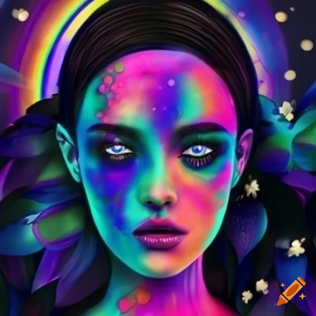 Vibrant and colorful surreal woman's face in a gothic forest setting