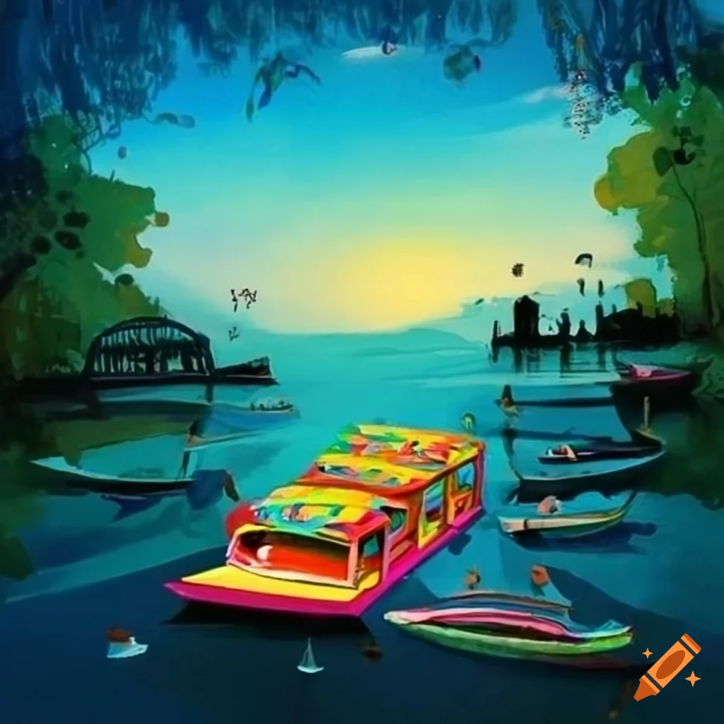 Xochimilco Mexico river depicted in kids book style art