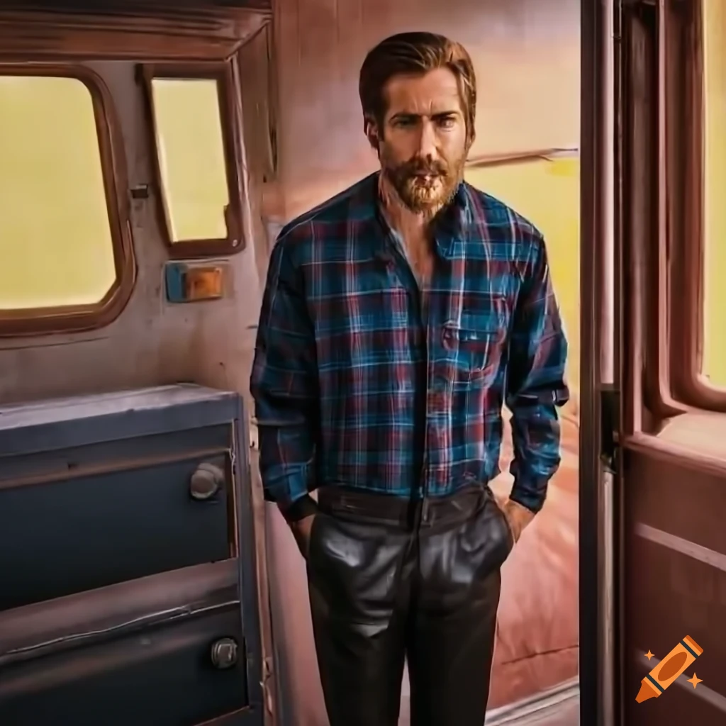 Attractive man in plaid shirt and leather trousers standing in caravan doorway