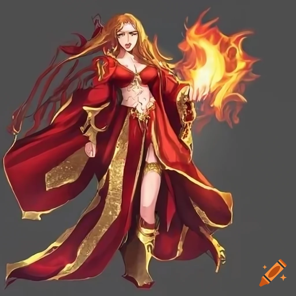 Female sorcerer in red and gold robe holding flame