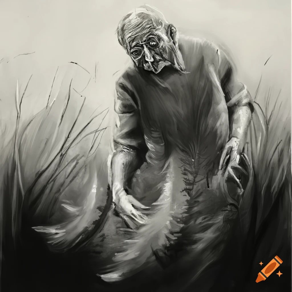 Hands collecting white feathers in a meadow in expressive charcoal drawing