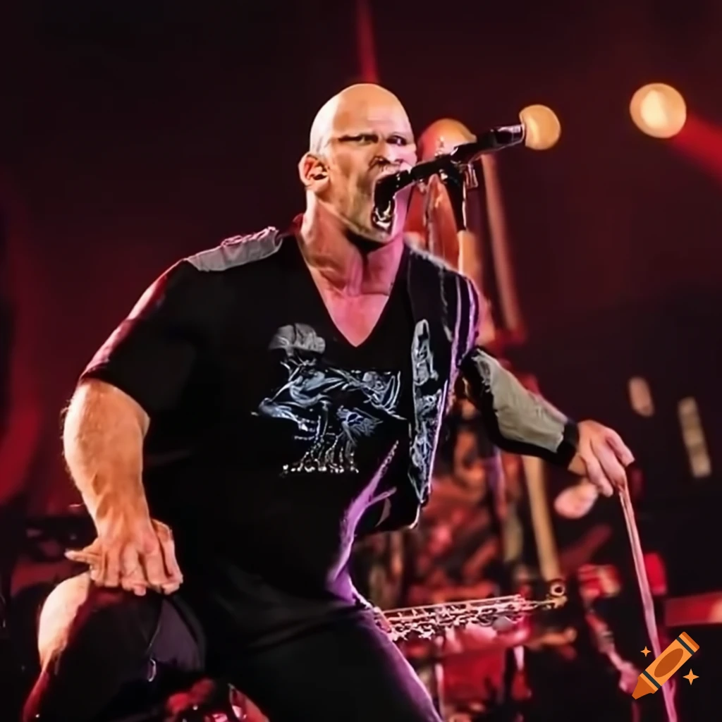 Steve Austin in a rockstar outfit performing with Sevendust band