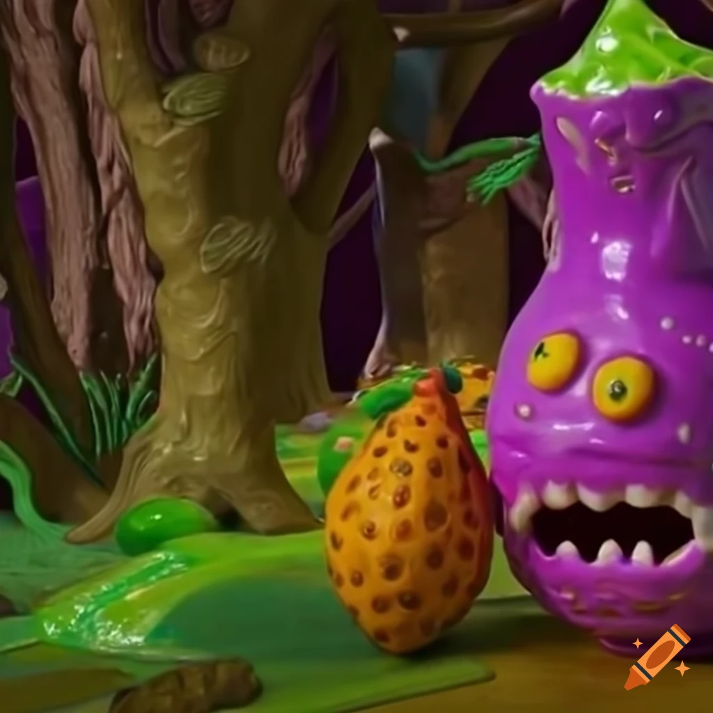 Mythical creatures and mutant omega mart lemon fruit monster in a magical forest ambiance