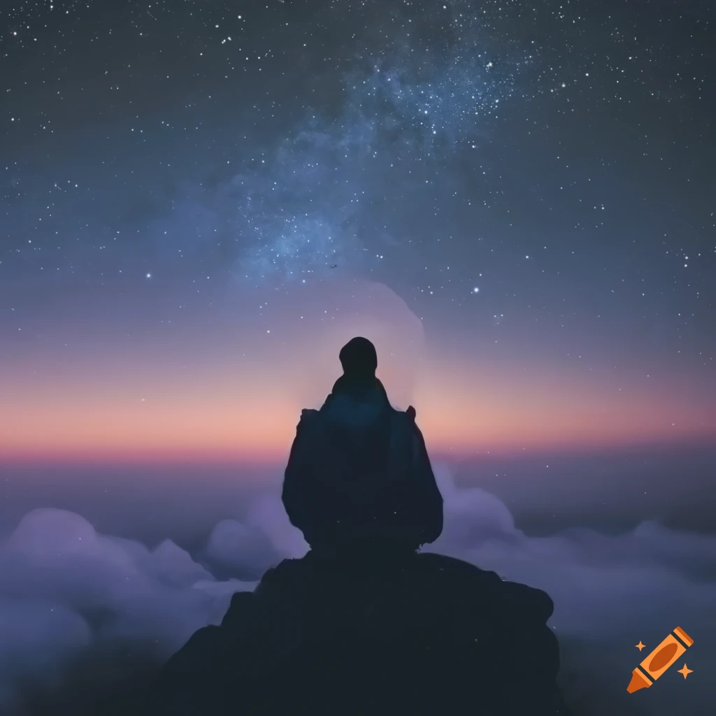 Traveler under a starry sky contemplating a sea of clouds on Craiyon