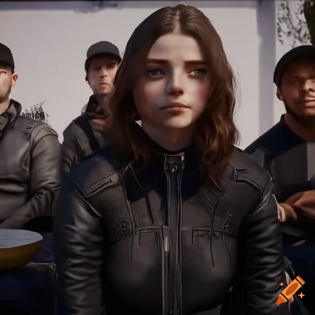 Sci-fi girl in black attire sitting with a group of men in a garden with Australian red-white modern house