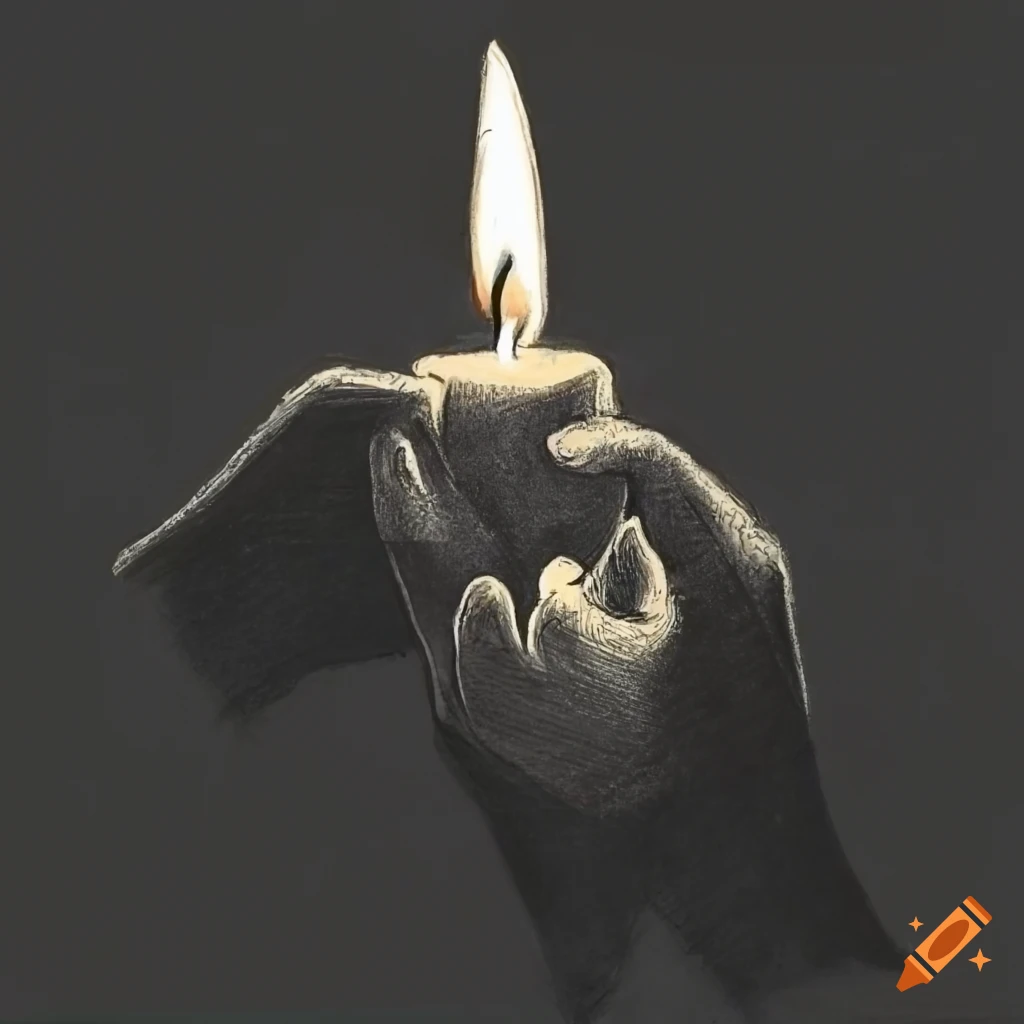 Hands passing a candle in charcoal drawing