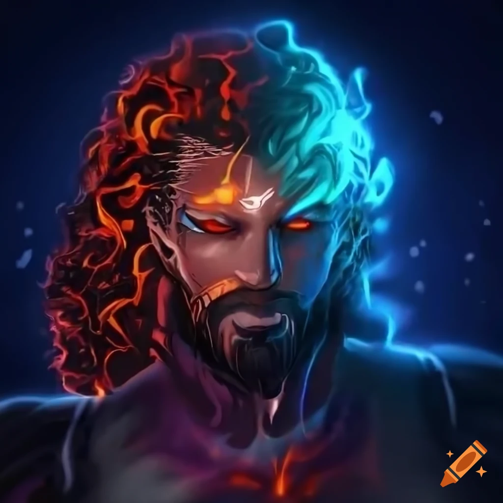 God of fire with glowing blue eyes controlling fire and lava