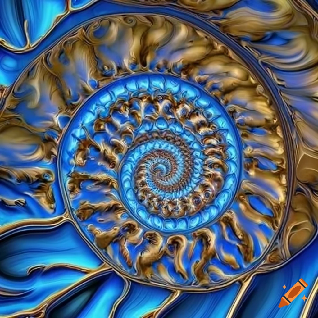 Intricate fractal nautilus spiral gold and blue with ferns pattern