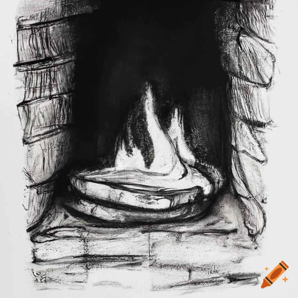 Ancient stove fire in expressive charcoal drawing