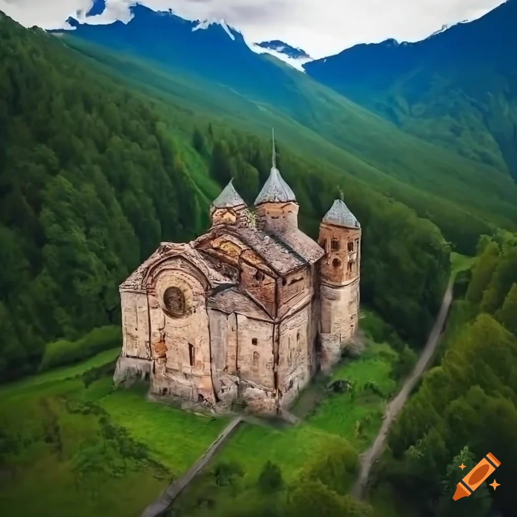 Old monastery in the mountain landscape from an aerial perspective on Craiyon