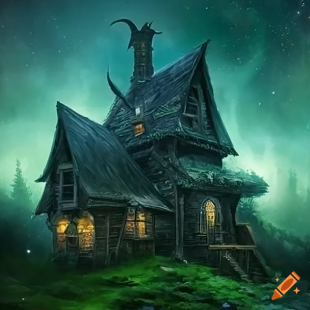 Witch house surrounded by green mist in a dark cosmic fantasy art by greg rutkowski on Craiyon