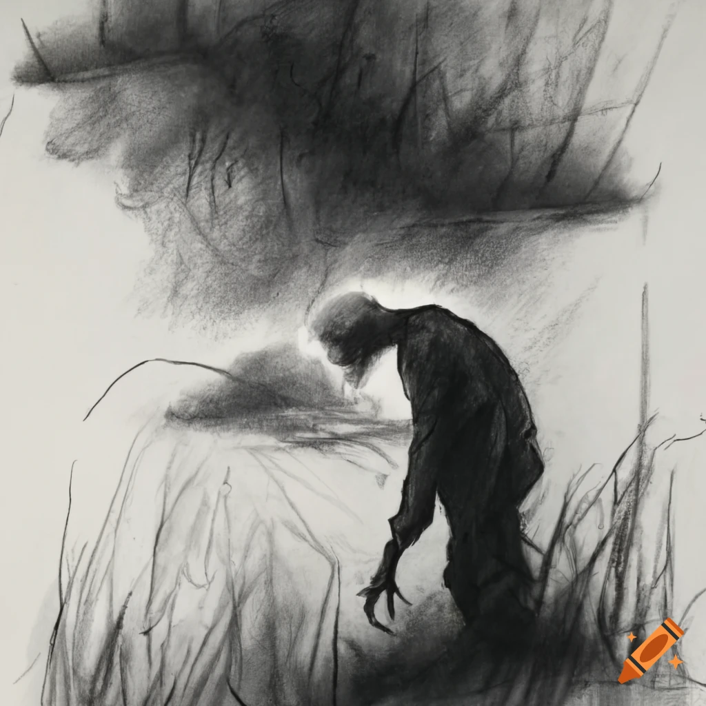 Old man performing a cloud rite on a hill in charcoal art on Craiyon