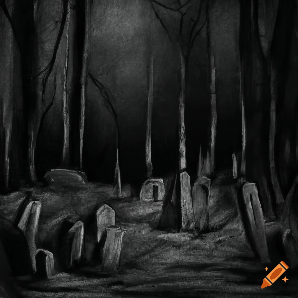 Old cemetery in a dark and gloomy forest at night depicted in charcoal