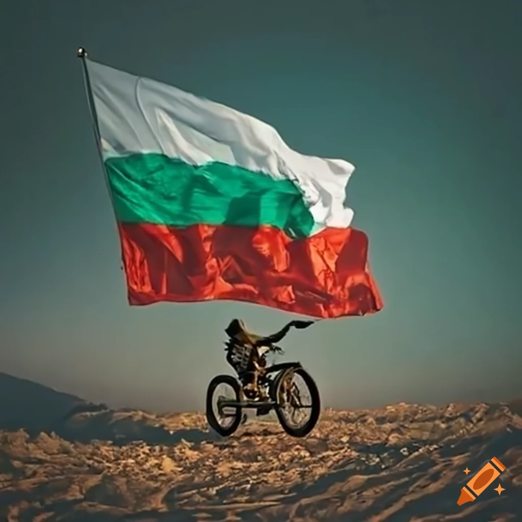 Crossbike in action with Bulgarian flag in the background