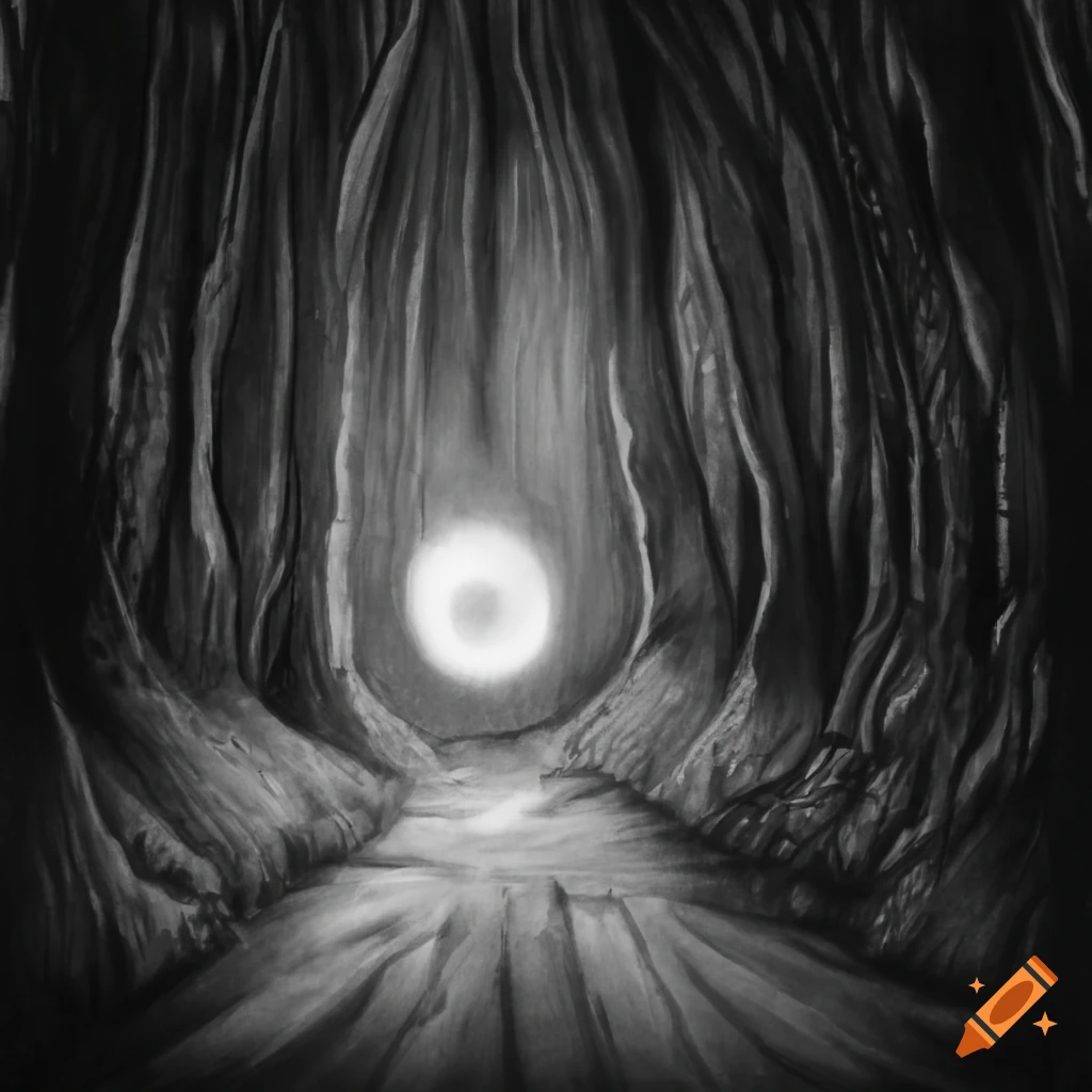 Luminous forest glow at night in charcoal black and white drawing