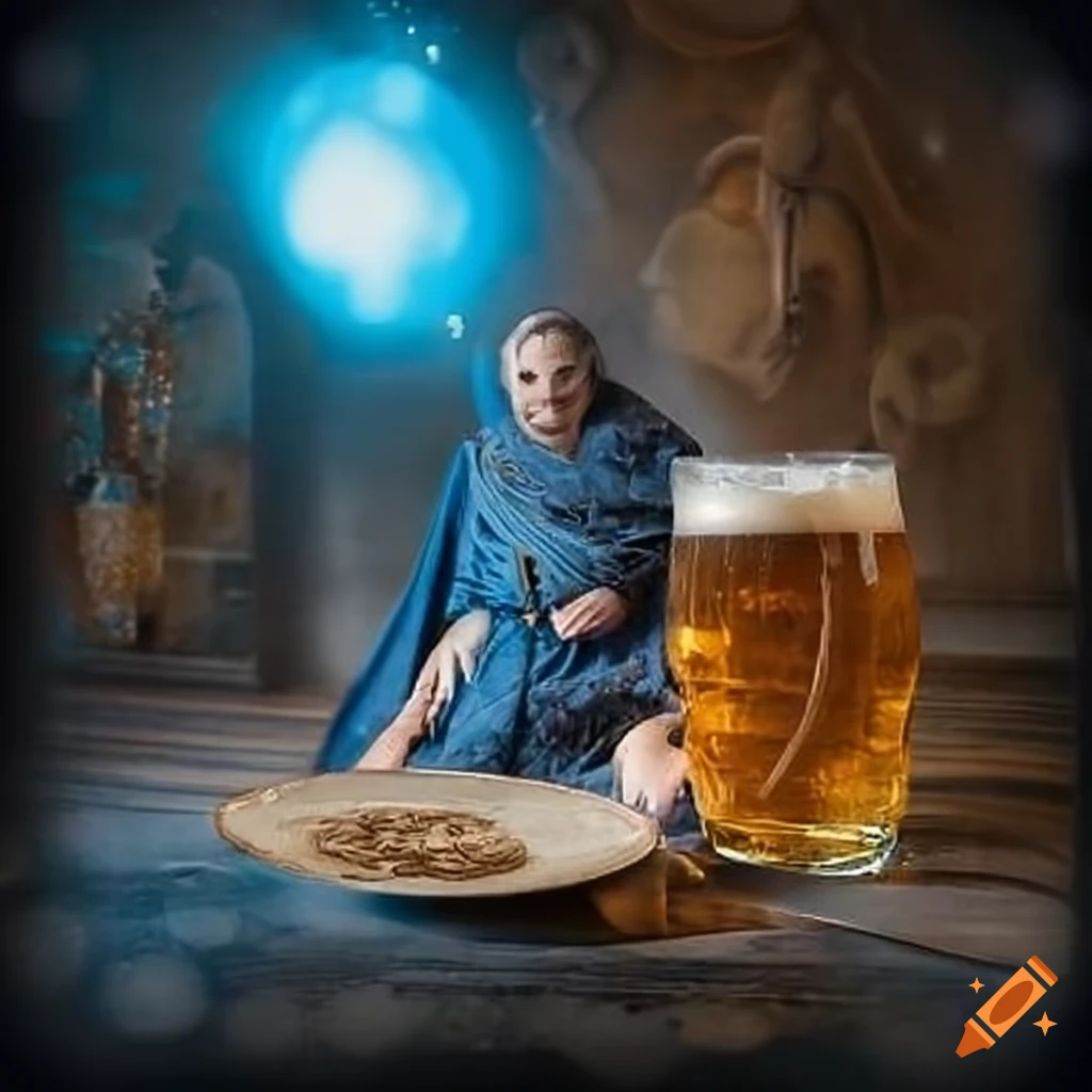 Ancient sorcerer in blue robe with dragon wings and ale