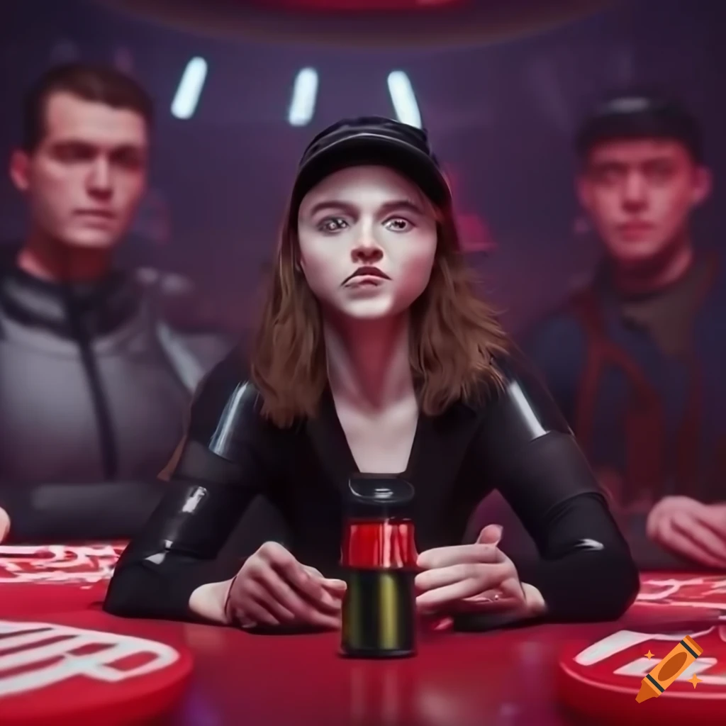 Sci-fi portrait of Thomasin McKenzie with a group of men in a futuristic night club