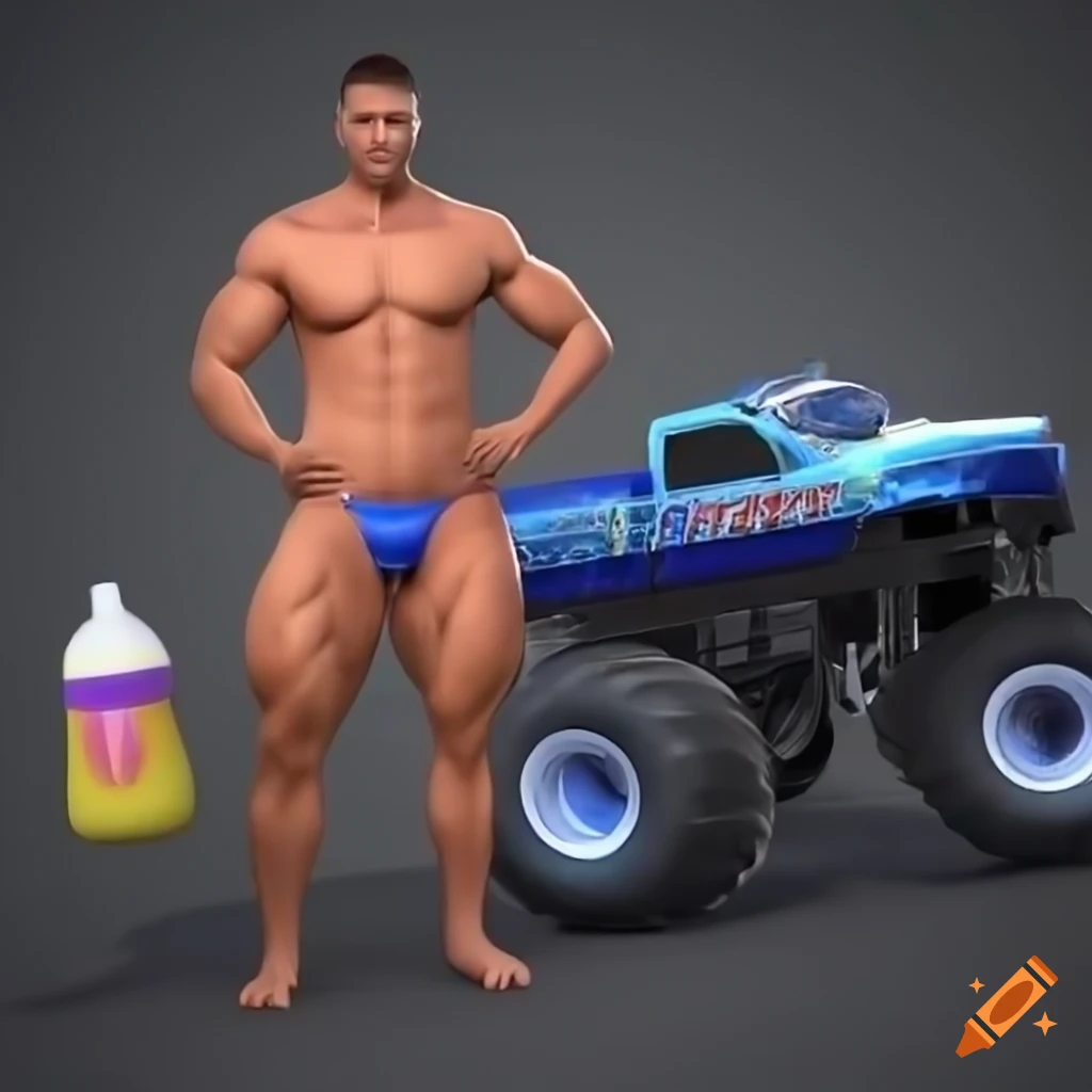 Monster truck with a muscular man holding a baby's milk bottle in 3D render