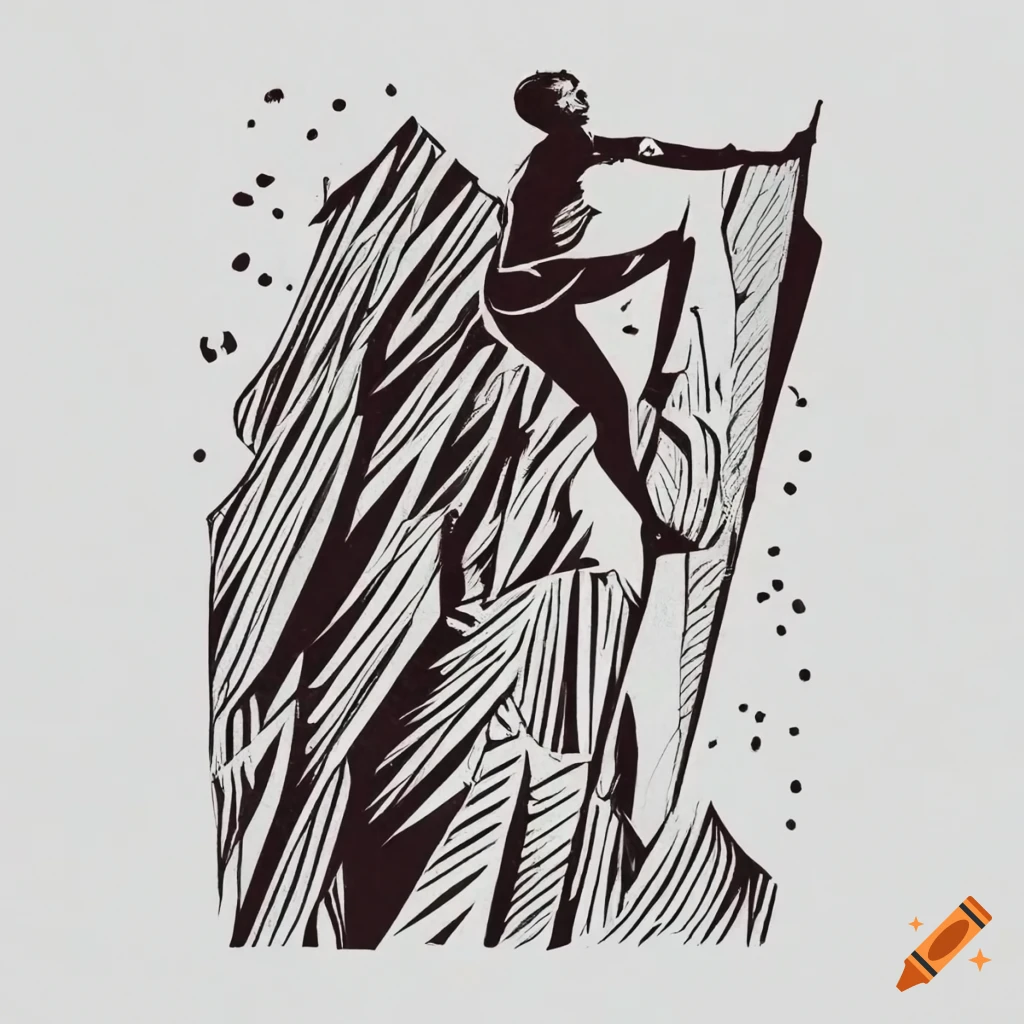 Rock climber hanging off cliff in woodcut style