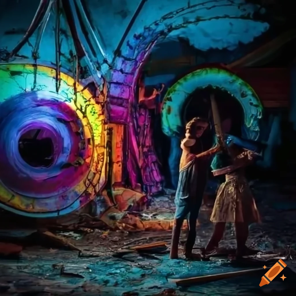 Man and woman repairing a colorful, old carousel in an abandoned amusement park