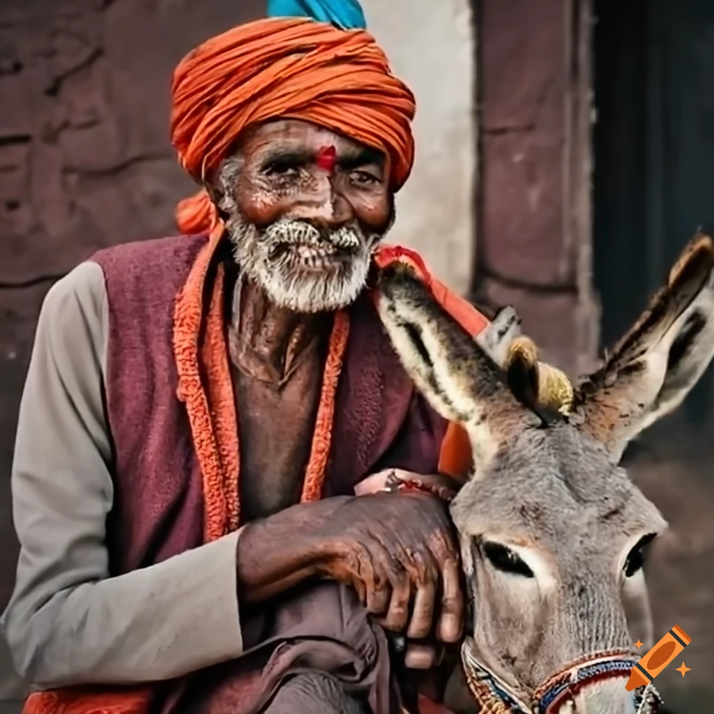 Indian old man in traditional attire sitting on a donkey in a village setting