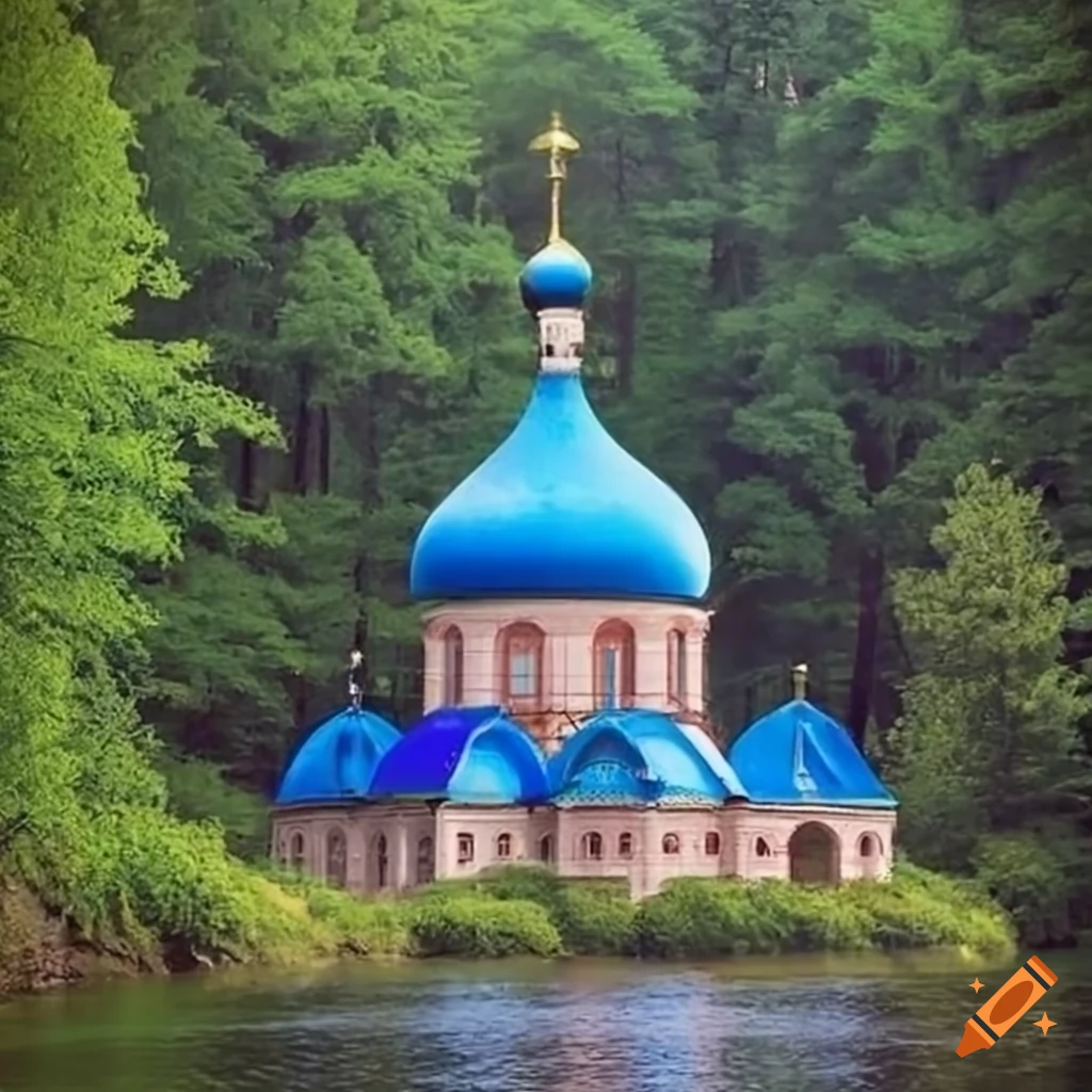 Russian Orthodox church on a river in a forest with a blue dome and ...