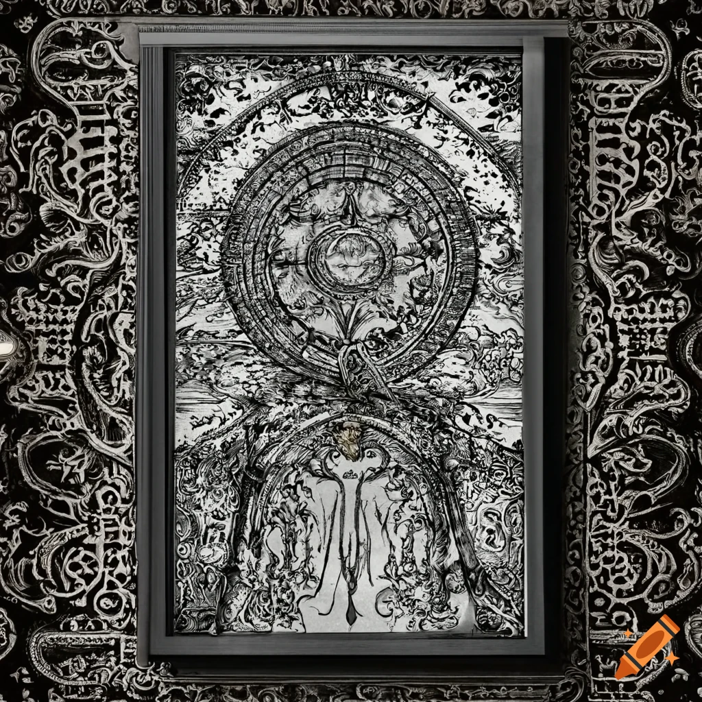 Surreal occult poster with intricate intertwined symbols and designs on ...