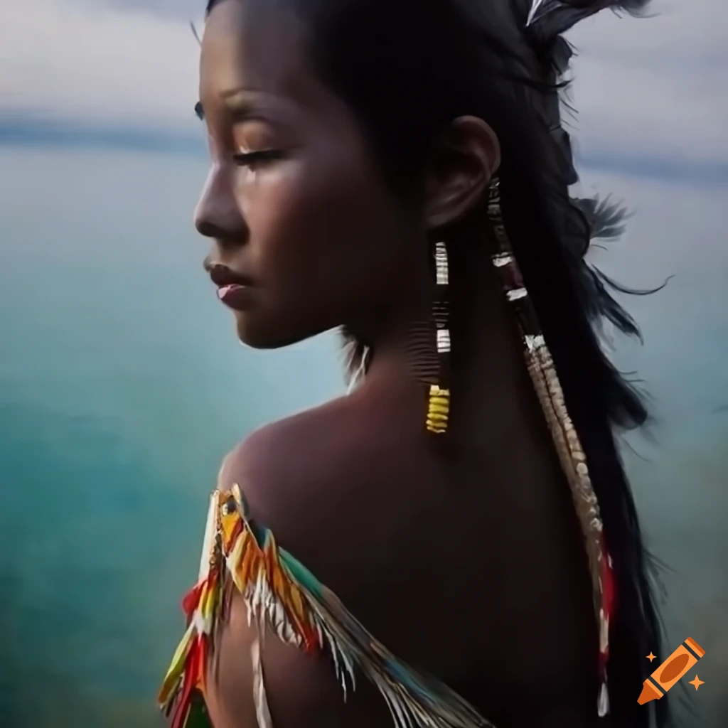 Young native woman with long black hair in traditional attire beside clear water
