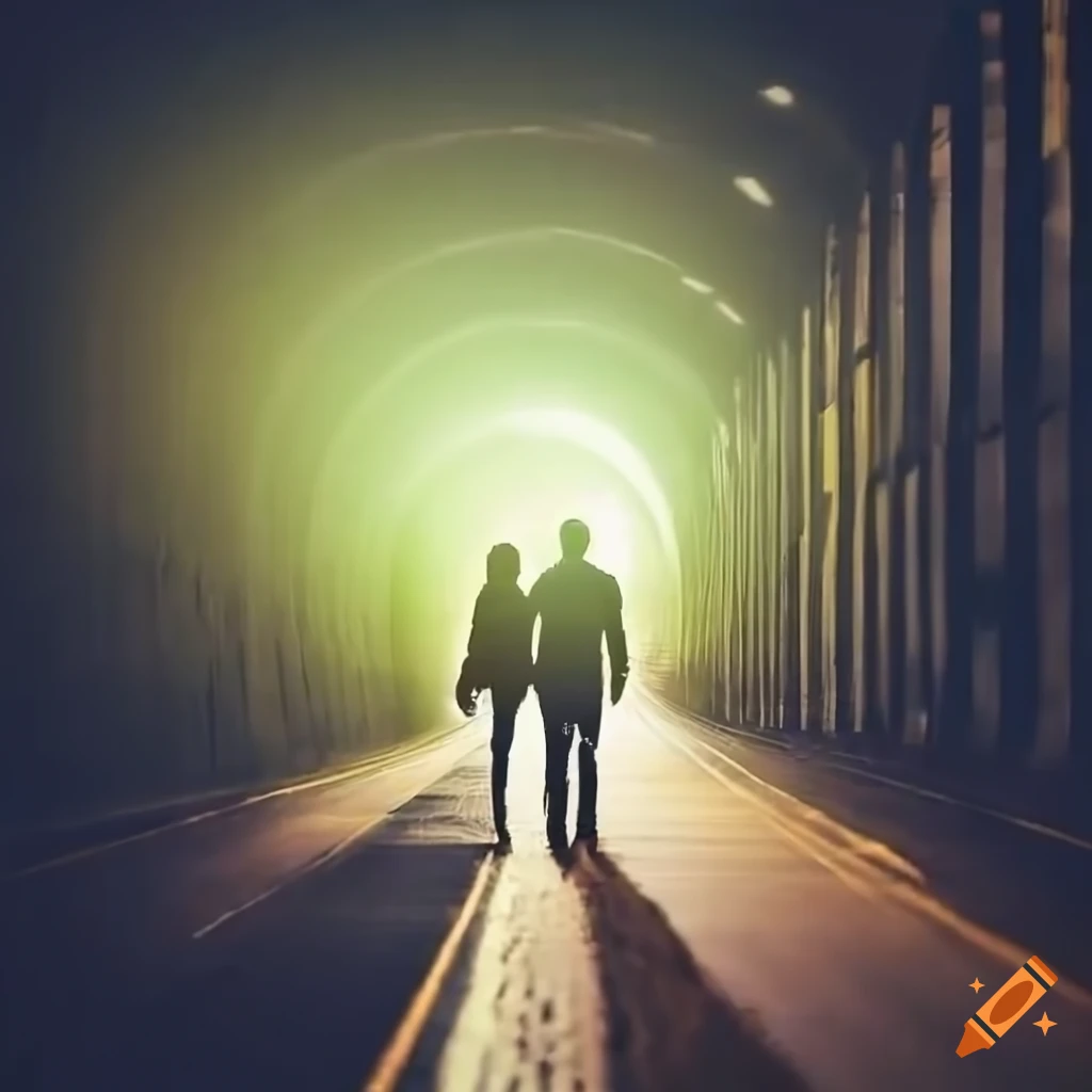 Romantic lovers walking through a road tunnel holding hands under ...